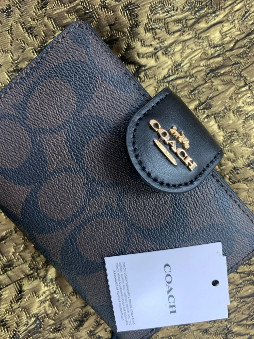 Coach Men's Brown and Black Signature Card Holder Wallet with Gold Logo